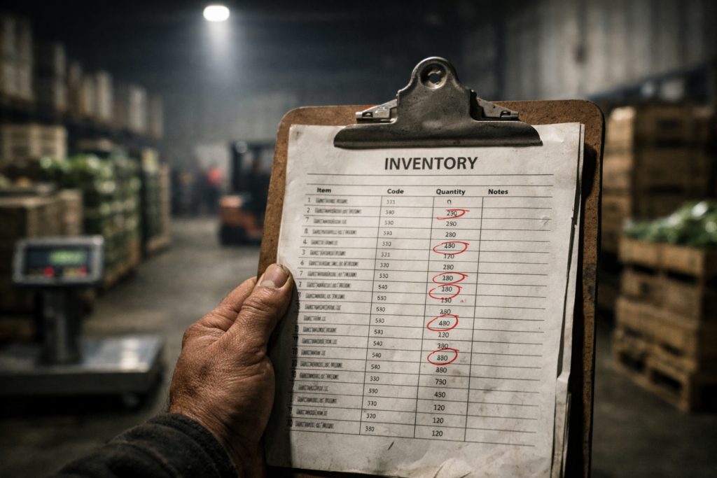 A rugged human hand holds a clipboard with a printed inventory sheet inside a large industrial food warehouse. Several individual line items on the paper are subtly circled in red pen. The clipboard is brightly lit while long warehouse aisles with stacked produce pallets appear darker and slightly out of focus in the background. The image shows a real SKU-level inventory decision moment before an order is finalized.