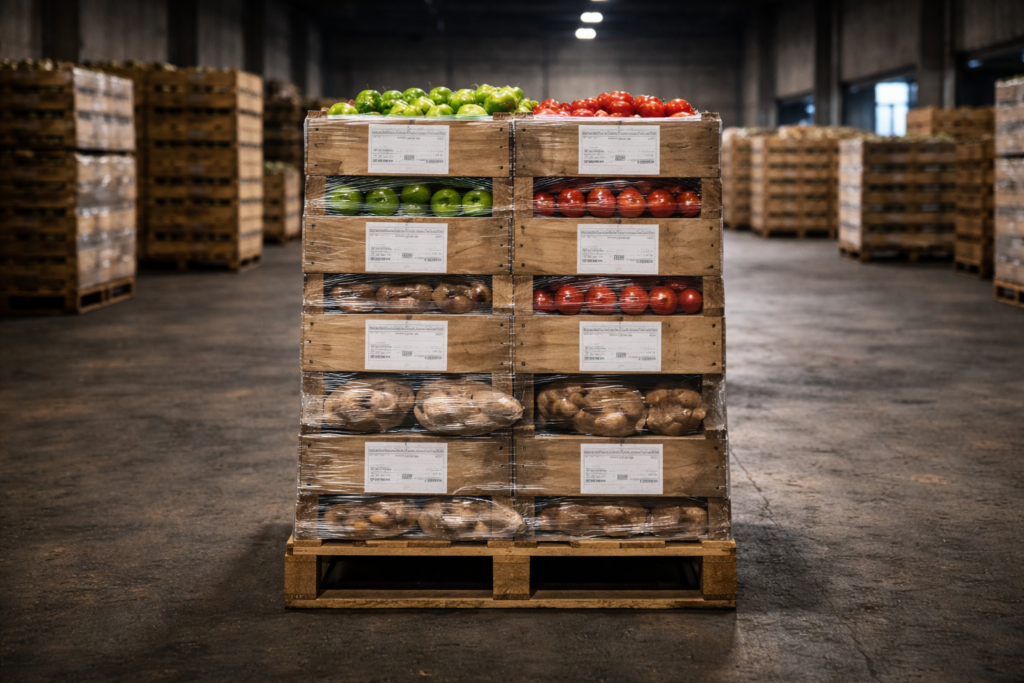 A single wooden pallet stacked with mixed produce crates stands centered on a concrete floor inside a large industrial food warehouse. The crates contain different fresh items arranged in clean rows, with additional pallets and warehouse aisles visible in the background under overhead industrial lighting. The image shows real inventory at rest inside an active distribution environment, emphasizing SKU-level operations and the moment before inventory decisions are finalized.