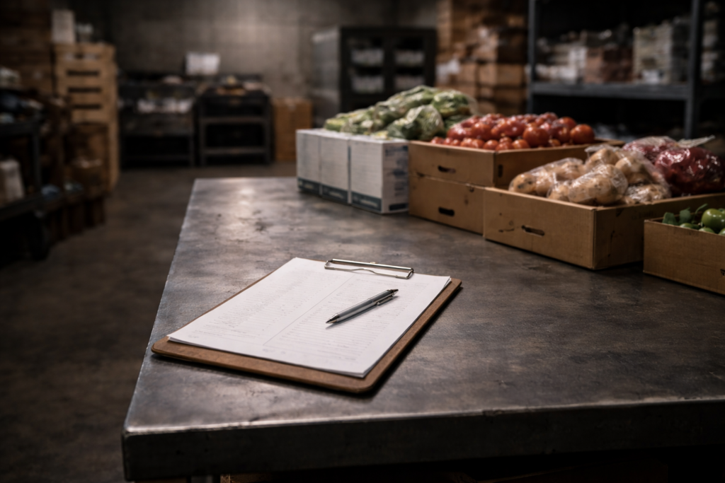 Photograph of a food operations workspace showing a clipboard with an inventory sheet and pen placed on a metal table, with fresh produce and packaged food staged nearby inside a warehouse environment. The scene represents the point where planning turns into execution, and where real inventory constraints shape decisions before outcomes become irreversible