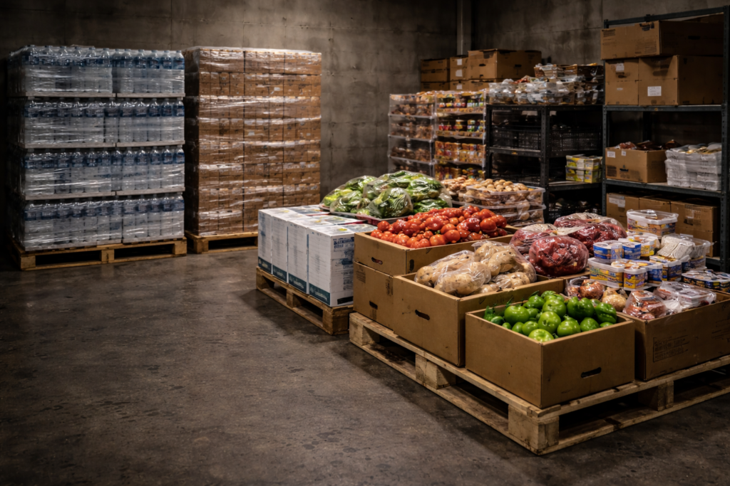 Photograph of a food warehouse staging area with mixed inventory pallets organized by category but showing variation at the SKU level, representing the moment where operational decisions must be made before outcomes become irreversible. This visual anchors decision-making to the real execution window.