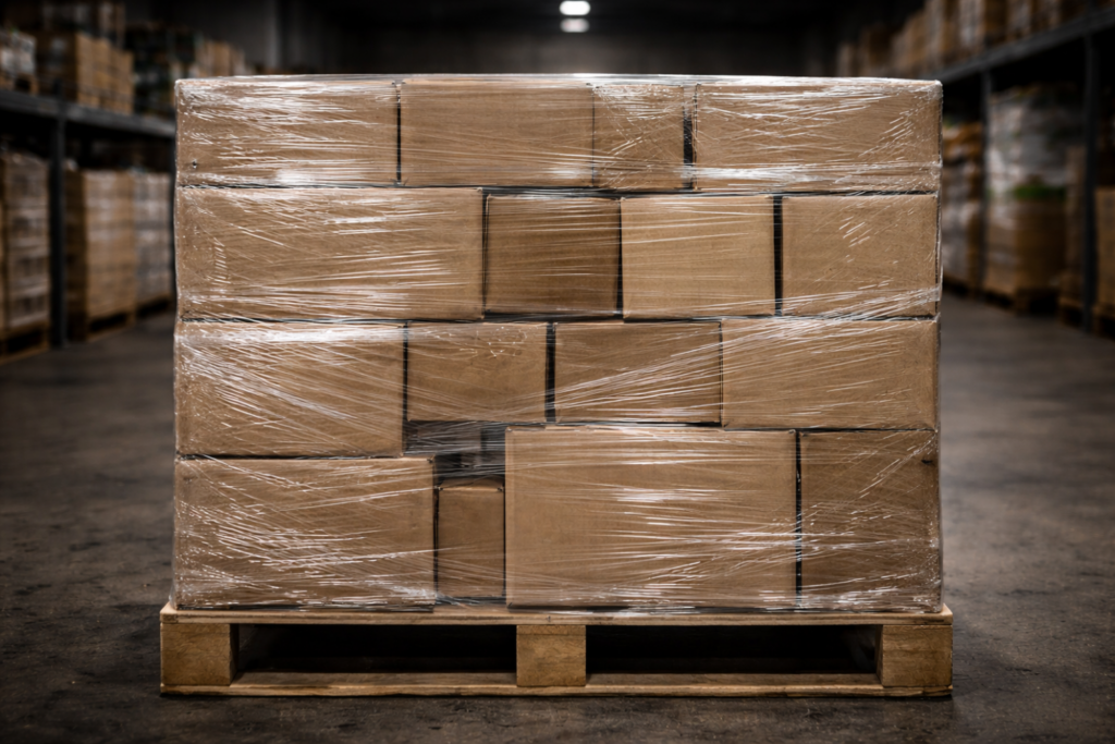 Shrink-wrapped pallet of uniformly stacked boxes inside a warehouse aisle, presenting a clean and consistent exterior while concealing item-level differences inside. The image illustrates how aggregated planning views, visual uniformity, and packaging abstraction can mask SKU-level variation and early operational signals in food inventory decisions.