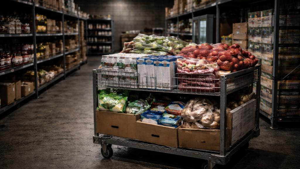 A metal rolling cart loaded with assorted grocery inventory inside a warehouse aisle, including cartons of dairy products, packaged produce, fresh strawberries, leafy greens, mushrooms, and boxed dry goods, surrounded by tall storage shelves stocked with food items, illustrating SKU-level inventory movement within a food supply chain storage environment.